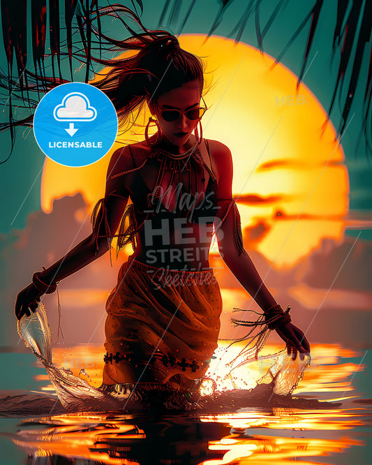 Tropical Sunset Dance Festival Flyer Featuring Woman in Vibrant Art Painting with Sunglasses and Garment