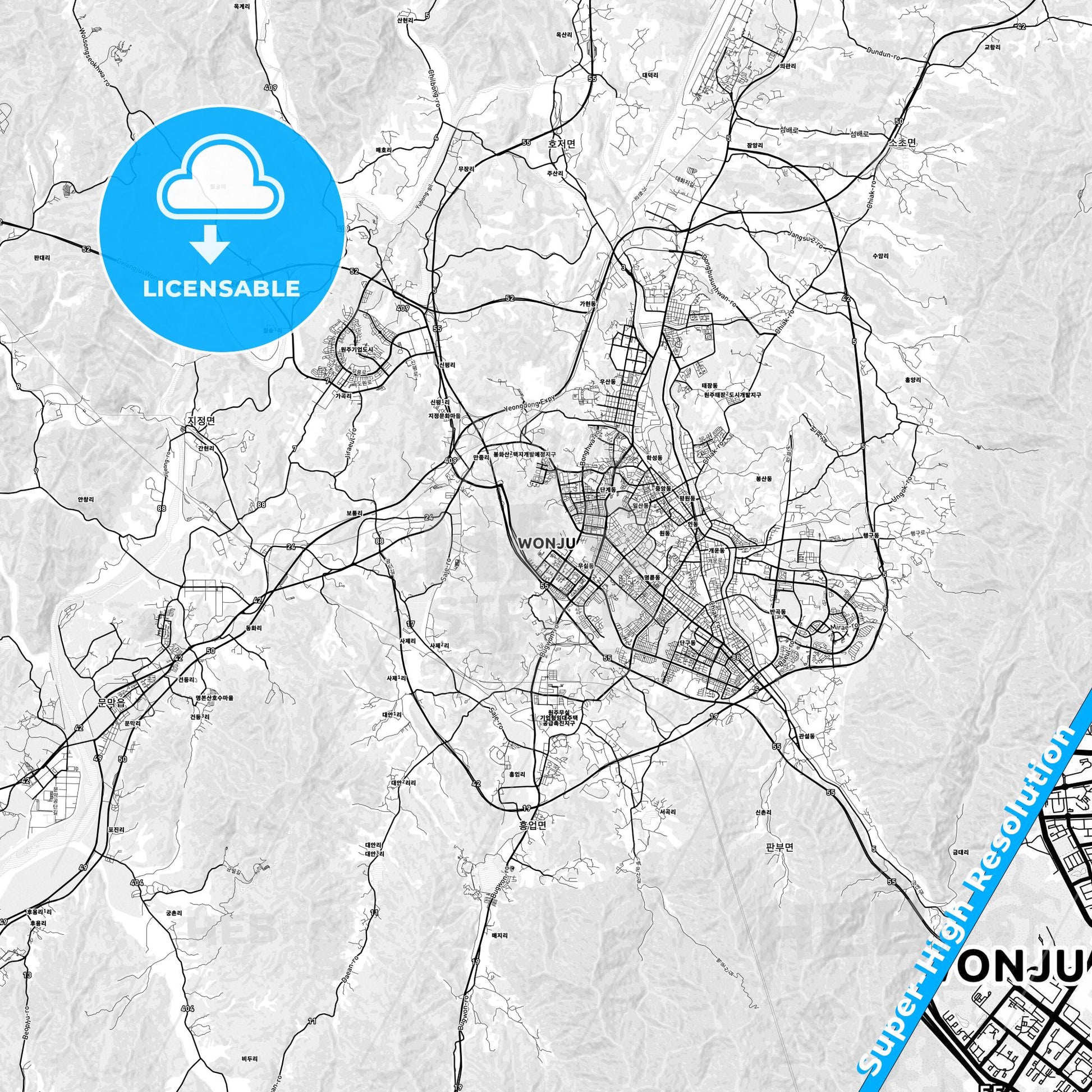 Wonju, South Korea light map with streetnames, citynames and districts