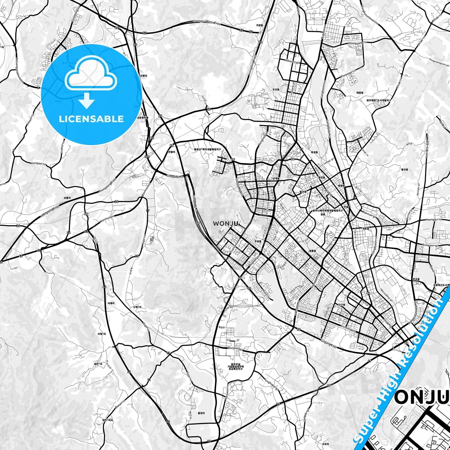 Wonju, South Korea Light Map with Street Names, City Names, and Districts