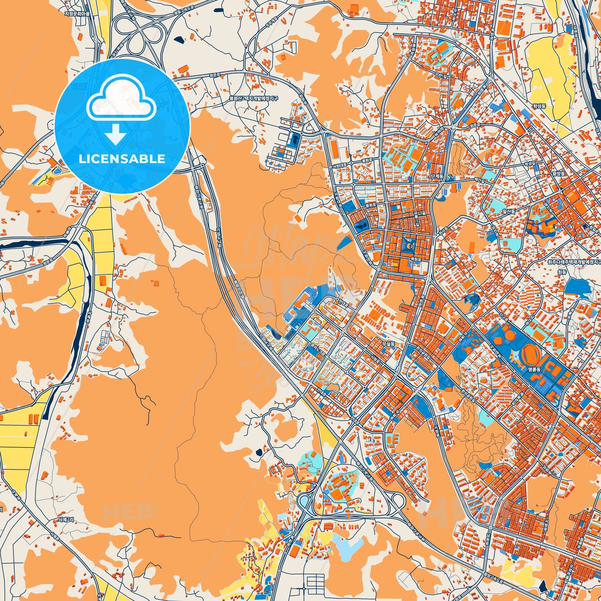 Colorful Wonju Street Map with Labels and Buildings