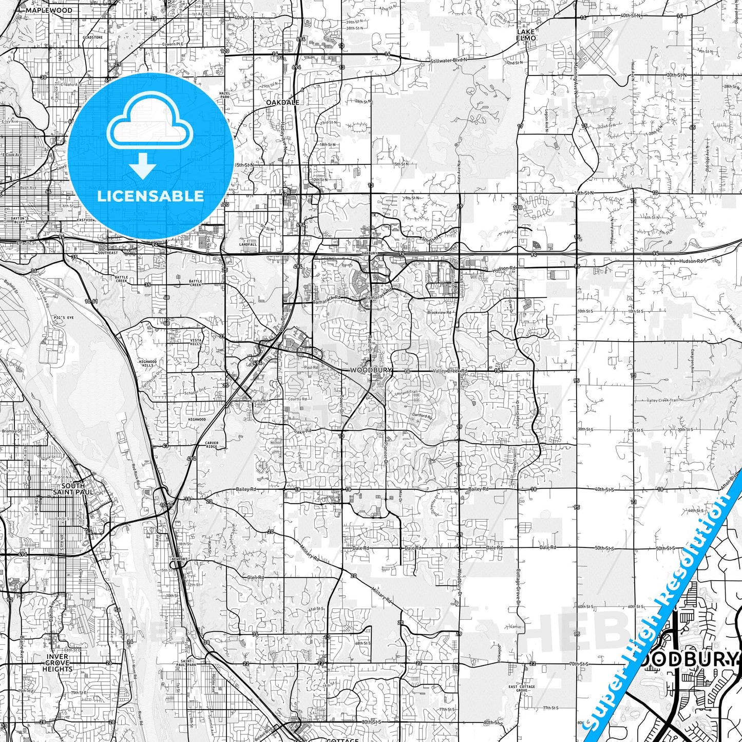 Woodbury, Minnesota light map with streetnames, citynames and districts