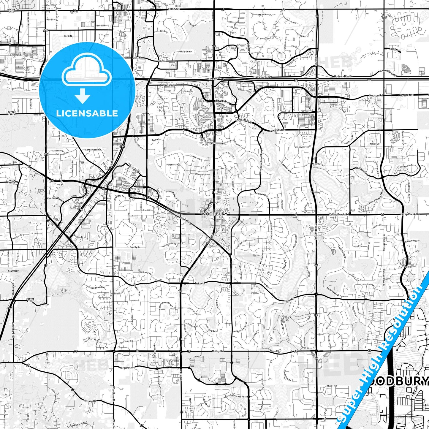 Woodbury, Minnesota Light Map with Street Names, City Names, and Districts