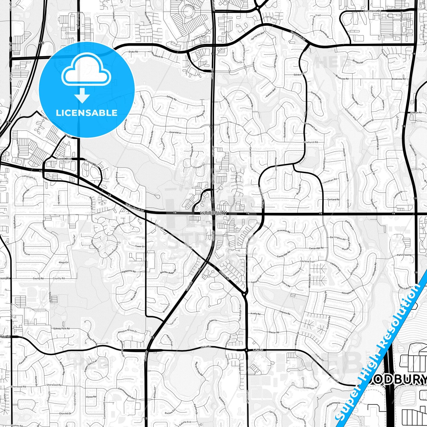 Woodbury, Minnesota Light Map with Street Names, City Names, and Districts