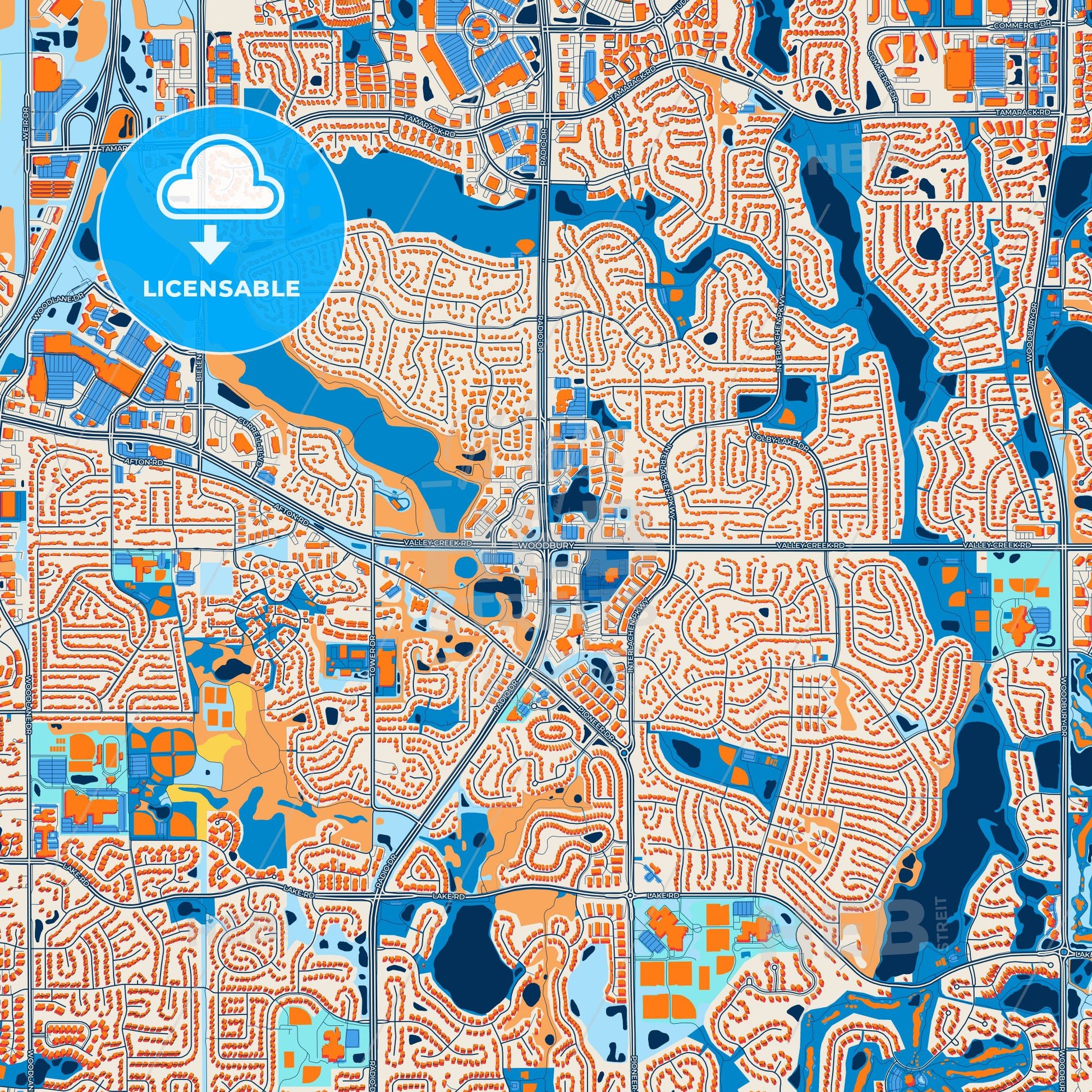 Colorful Woodbury Street Map with Labels and Buildings