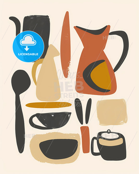 Hand Drawn Gouache Painting of Kitchen Utensils in Matisse Style with Soft Earthy Colors and Simple Minimalist Design