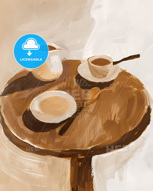 Hand Drawn Gouache Tableware Still Life: Bowl, Spoon, and Pitcher in Matisse-Inspired Style