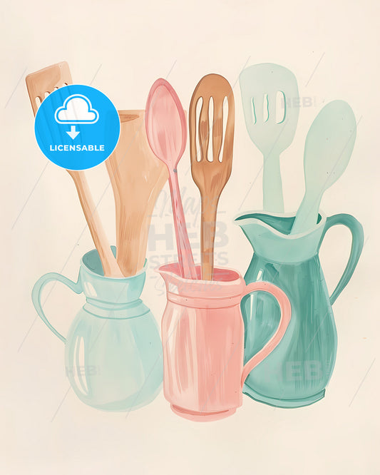 Gouache Painted Kitchen Utensils: Matisse Style Jug and Cups on Tabletop, Minimalist Pastel Colors