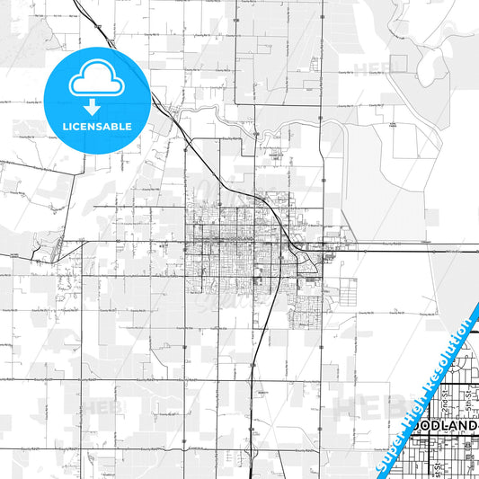 Woodland, California light map with streetnames, citynames and districts