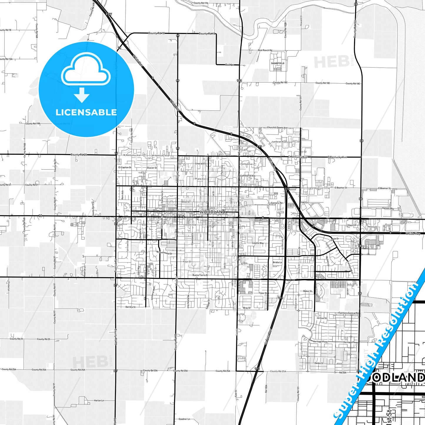 Woodland, California Light Map with Street Names, City Names, and Districts