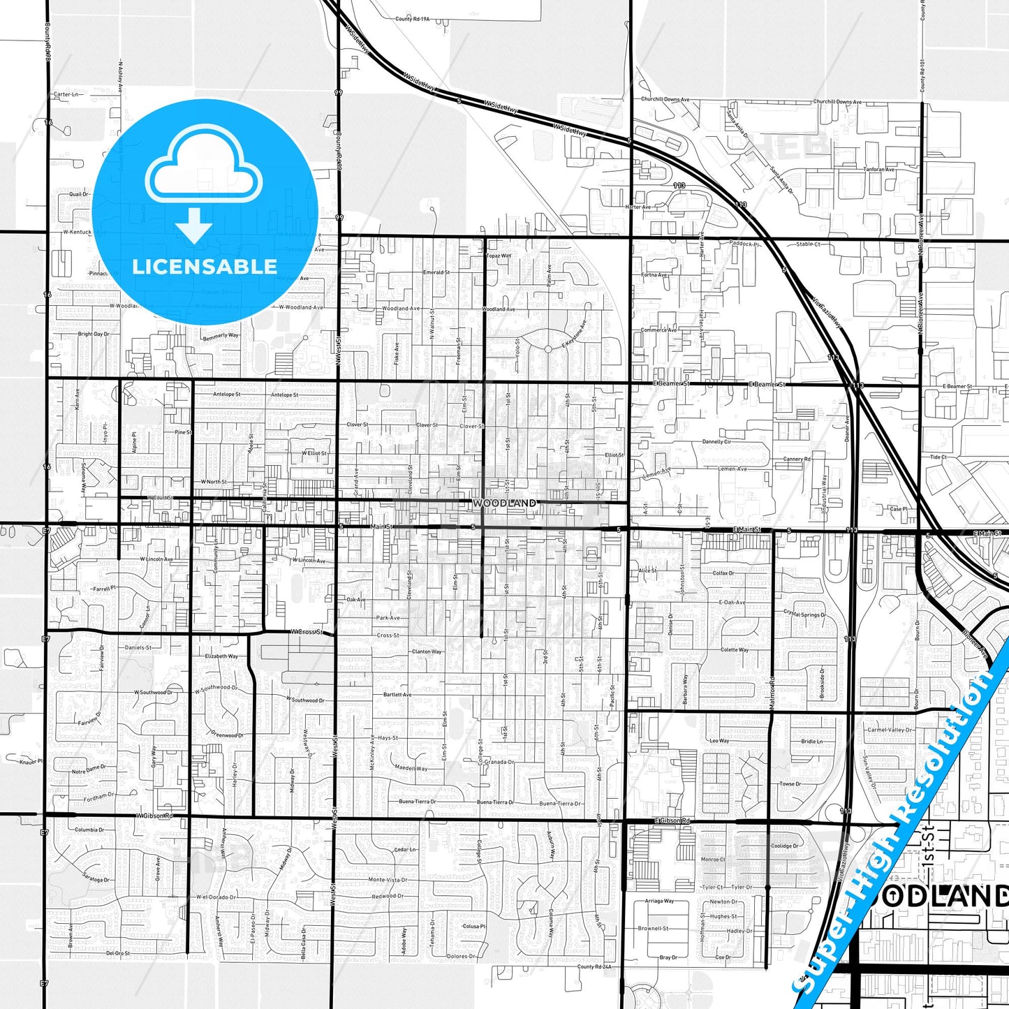Woodland, California Light Map with Street Names, City Names, and Districts