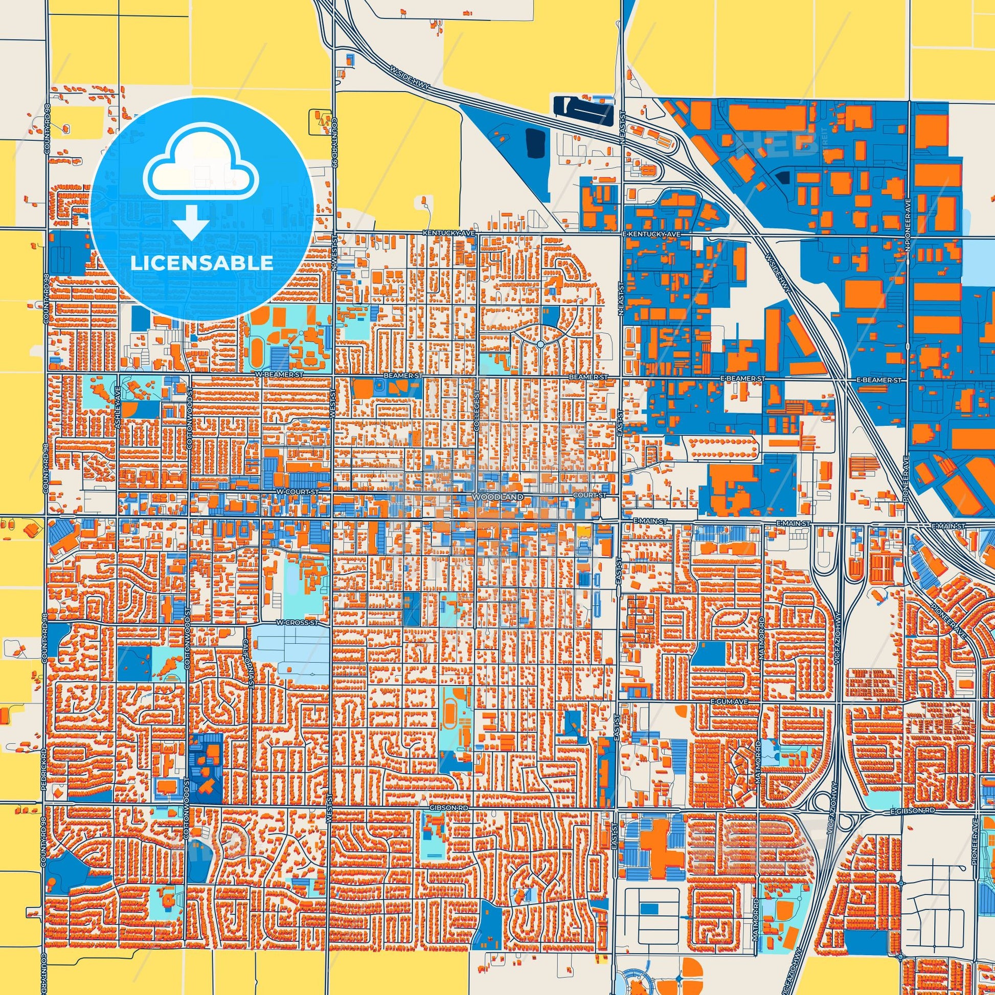Colorful Woodland Street Map with Labels and Buildings