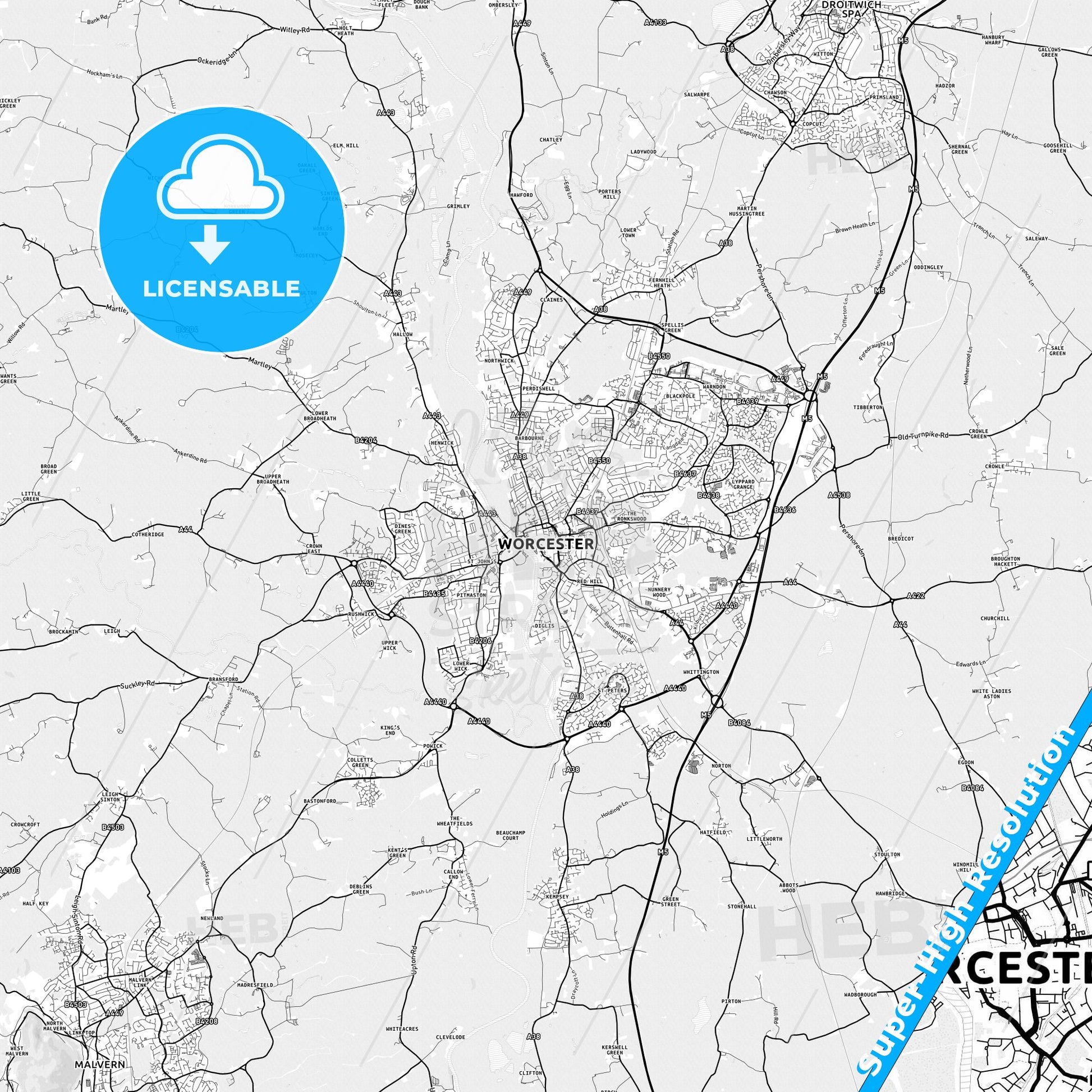 Worcester, England light map with streetnames, citynames and districts