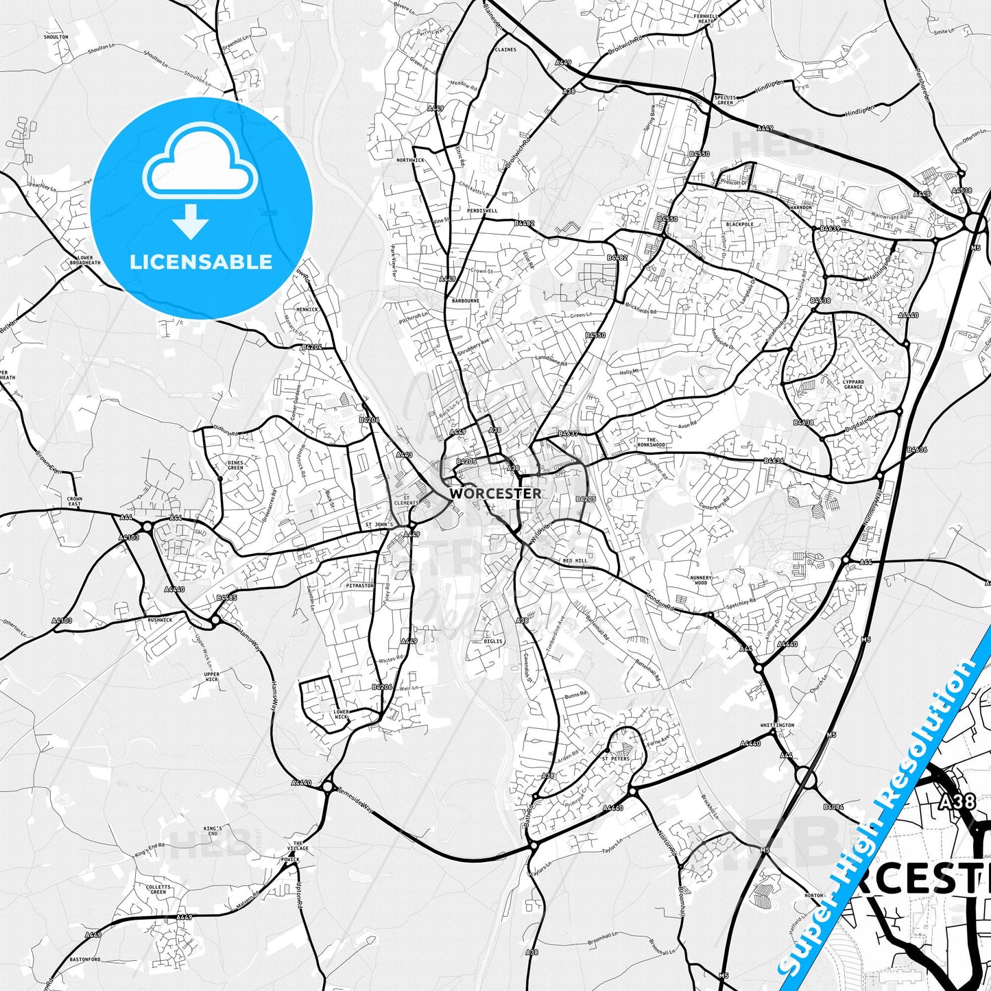 Worcester, England Light Map with Street Names, City Names, and Districts