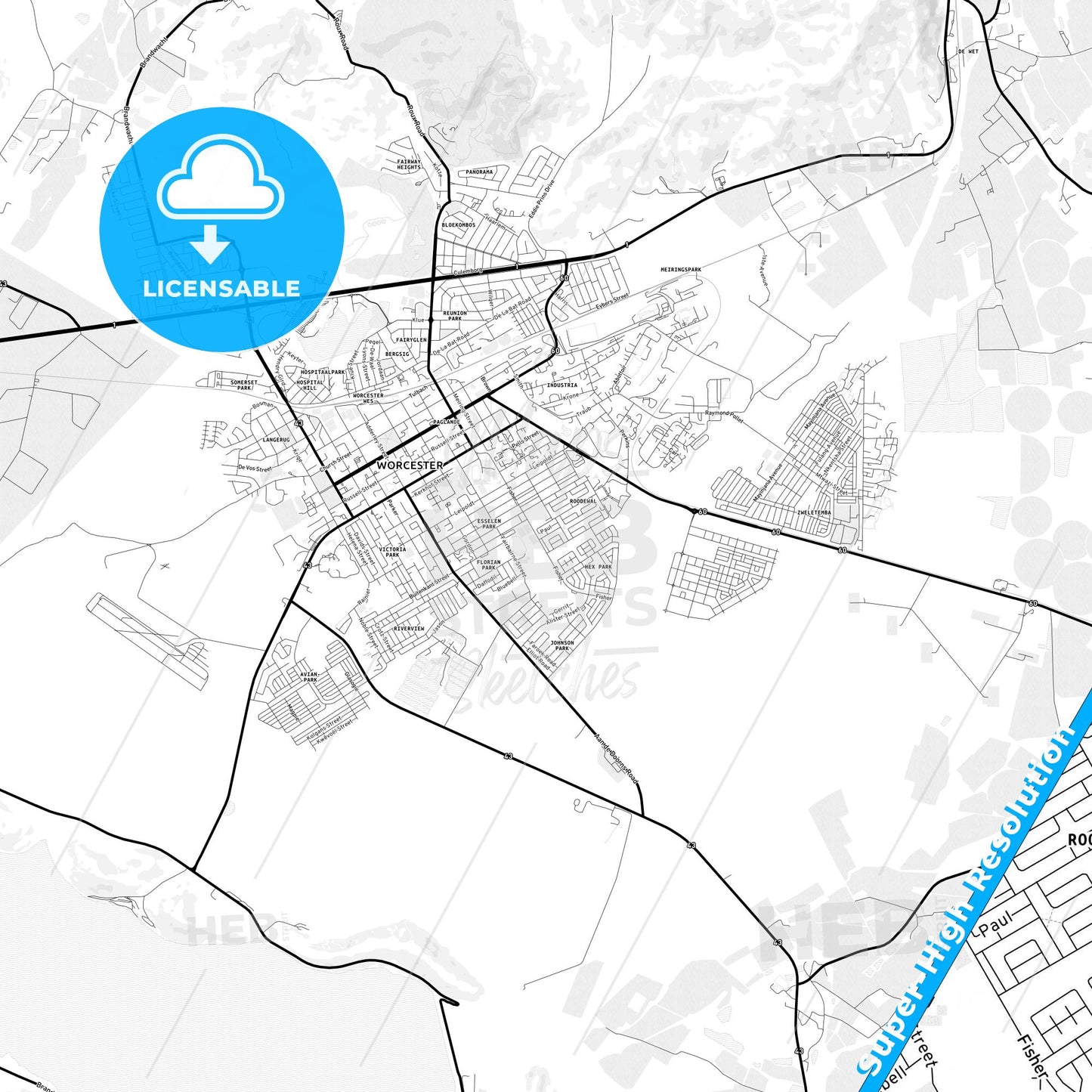 Worcester, South Africa Light Map with Street Names, City Names, and Districts