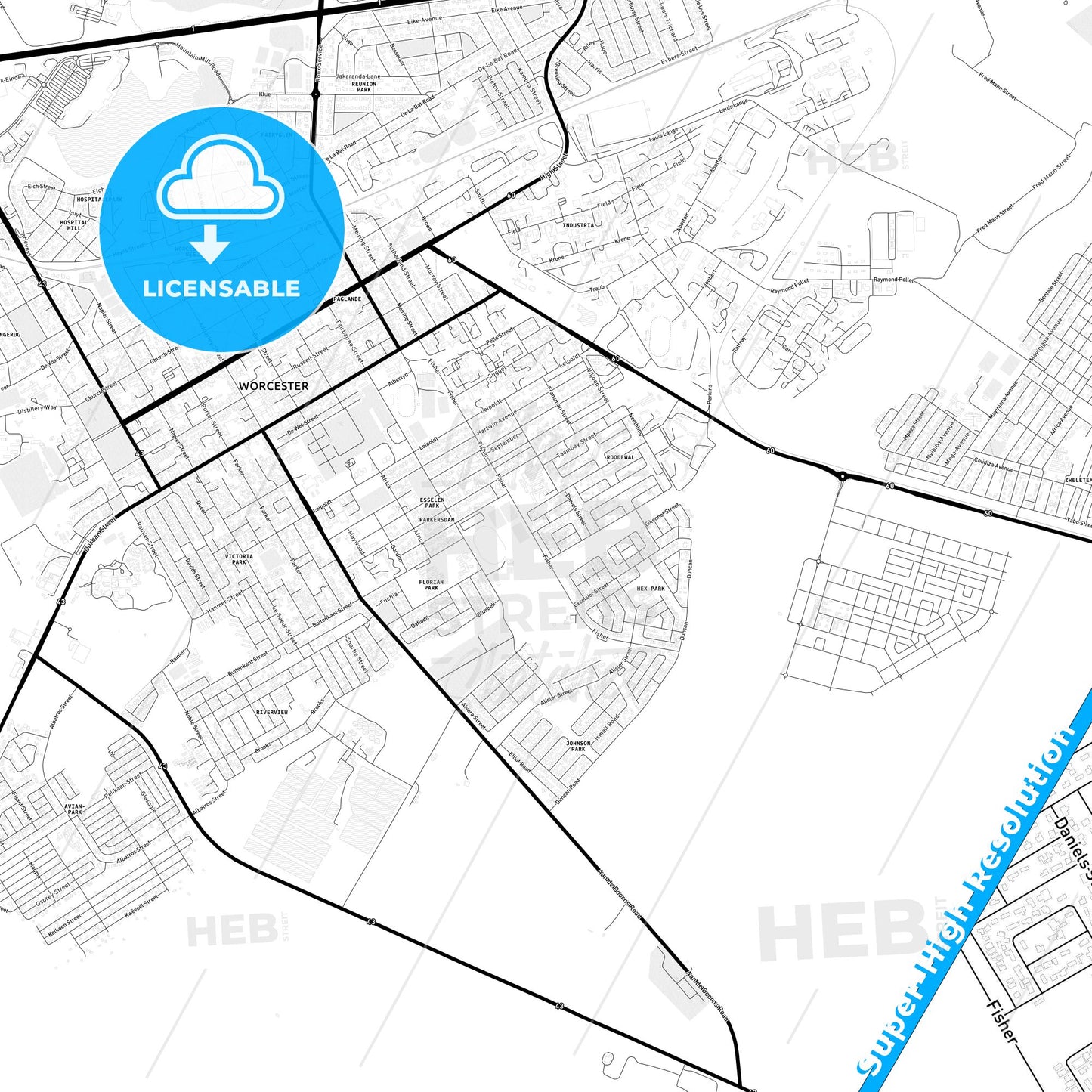 Worcester, South Africa Light Map with Street Names, City Names, and Districts