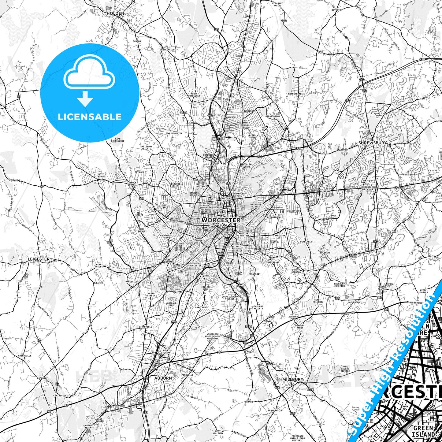 Worcester, Massachusetts light map with streetnames, citynames and districts