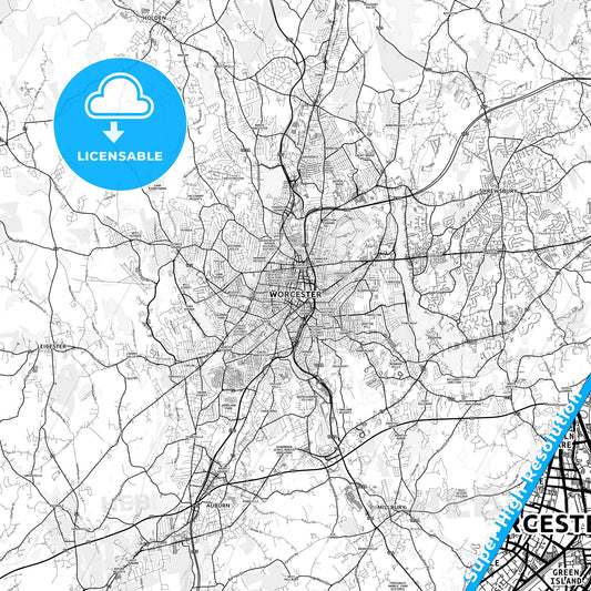 Worcester, Massachusetts light map with streetnames, citynames and districts