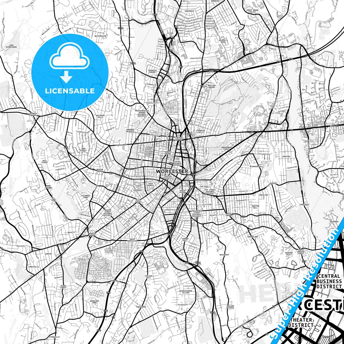 Worcester, Massachusetts Light Map with Street Names, City Names, and Districts