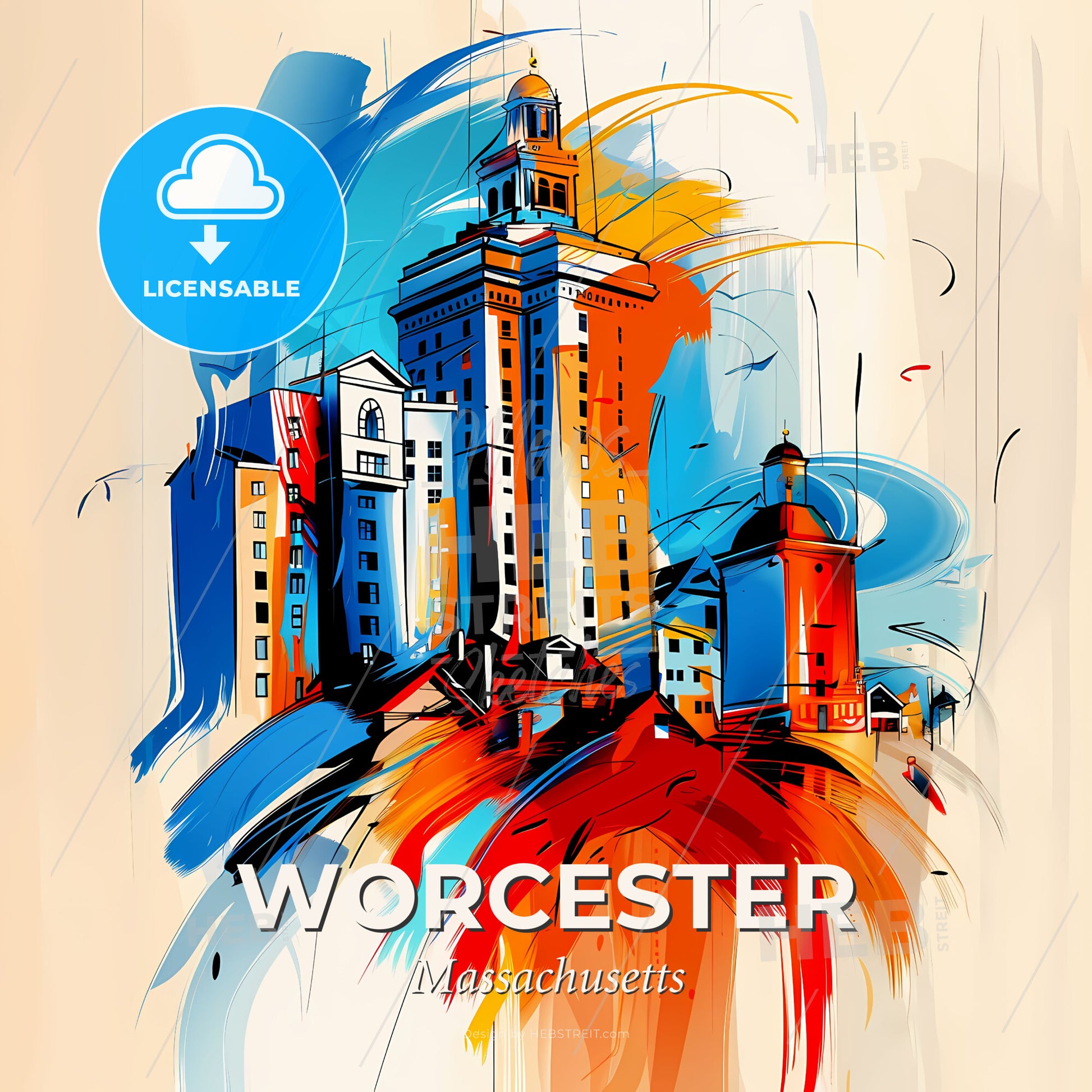 Vibrant Worcester, Massachusetts - A Colorful Painting Of A City - Square format print template