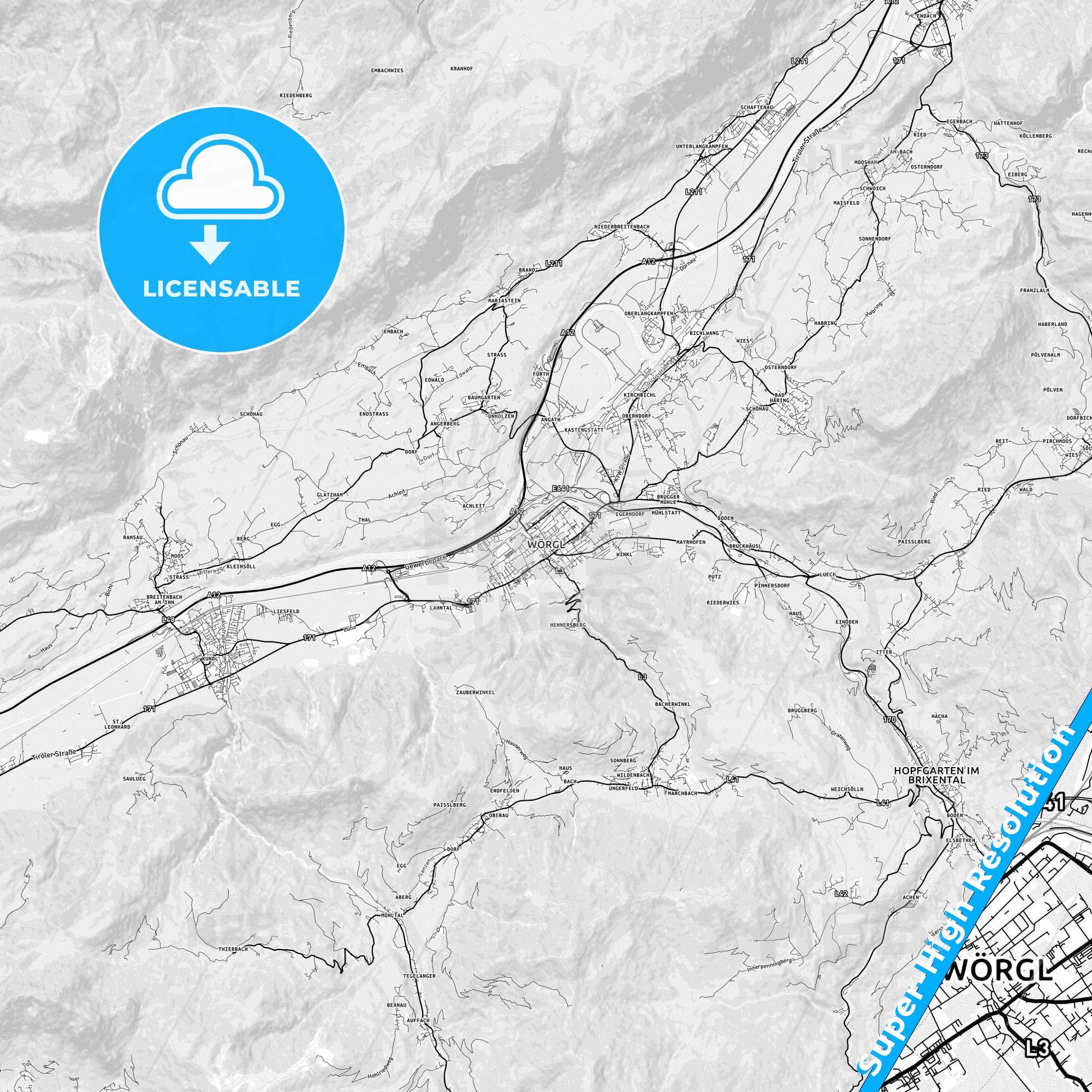 Wörgl, Austria light map with streetnames, citynames and districts