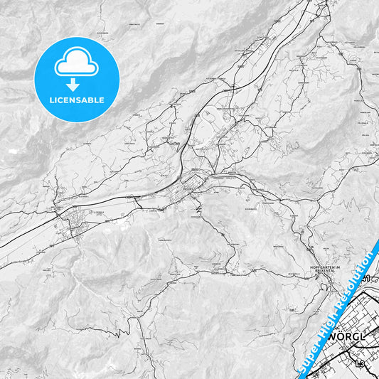 Wörgl, Austria light map with streetnames, citynames and districts