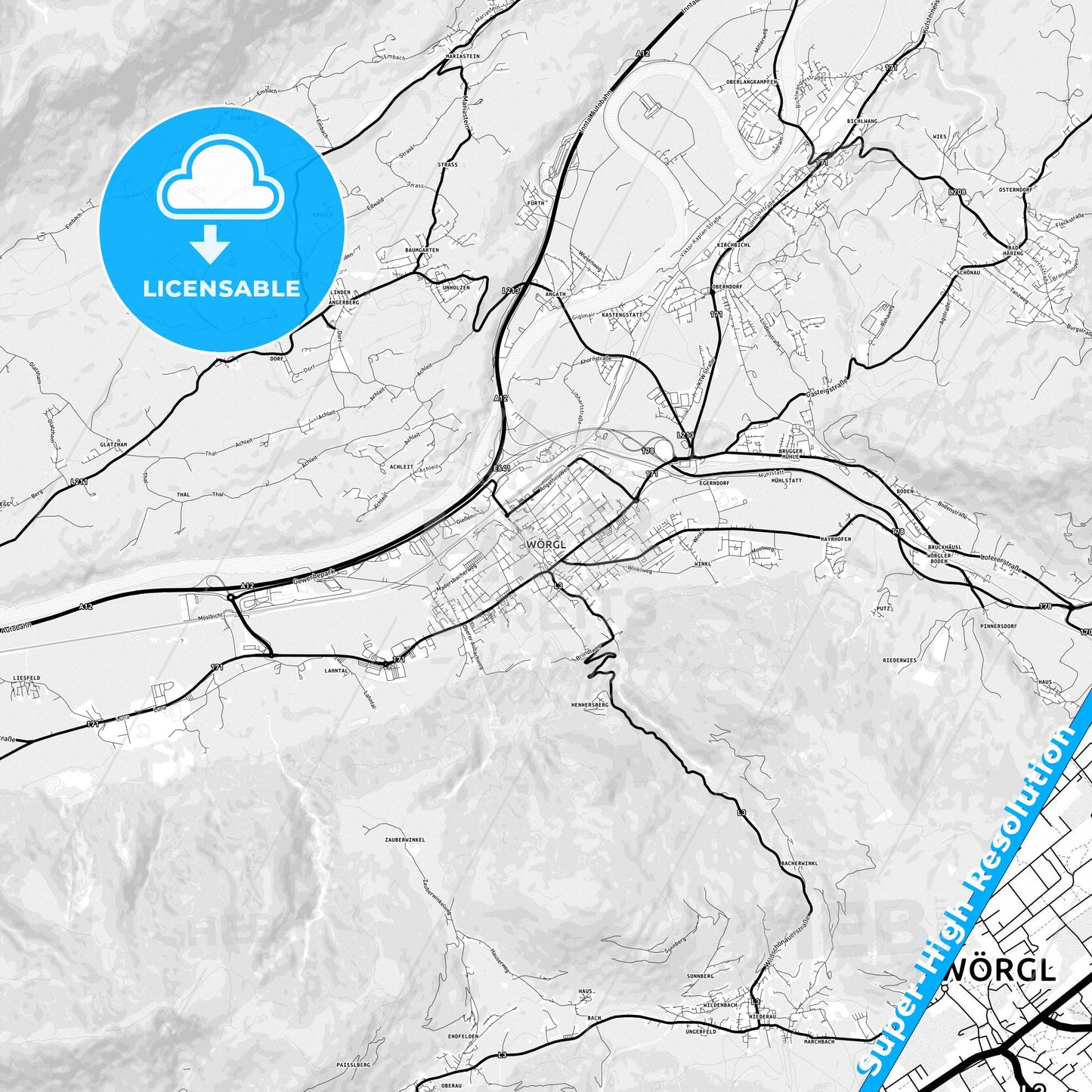 Wörgl, Austria Light Map with Street Names, City Names, and Districts