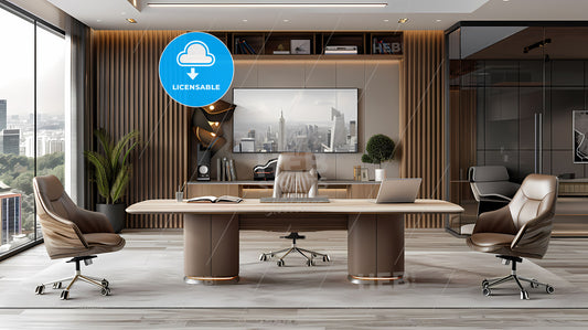 Minimalist Workspace Desk with Vibrant Painting for Collaboration, Computer, Large Screen, Professional, Art Focus