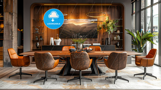 Professional workspace with modern furniture for collaboration and brainstorming in a creative environment, vibrant art painting