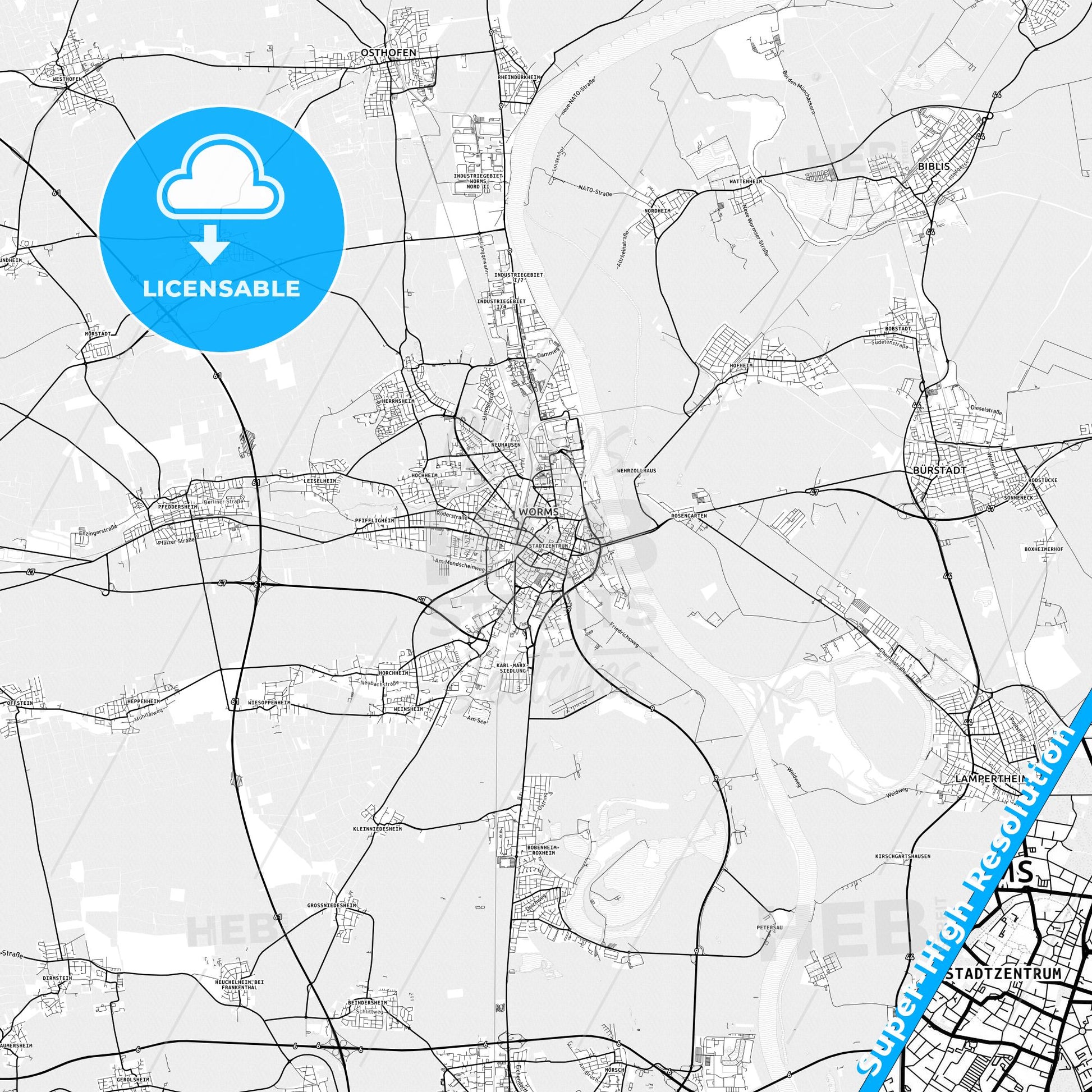 Worms, Germany light map with streetnames, citynames and districts