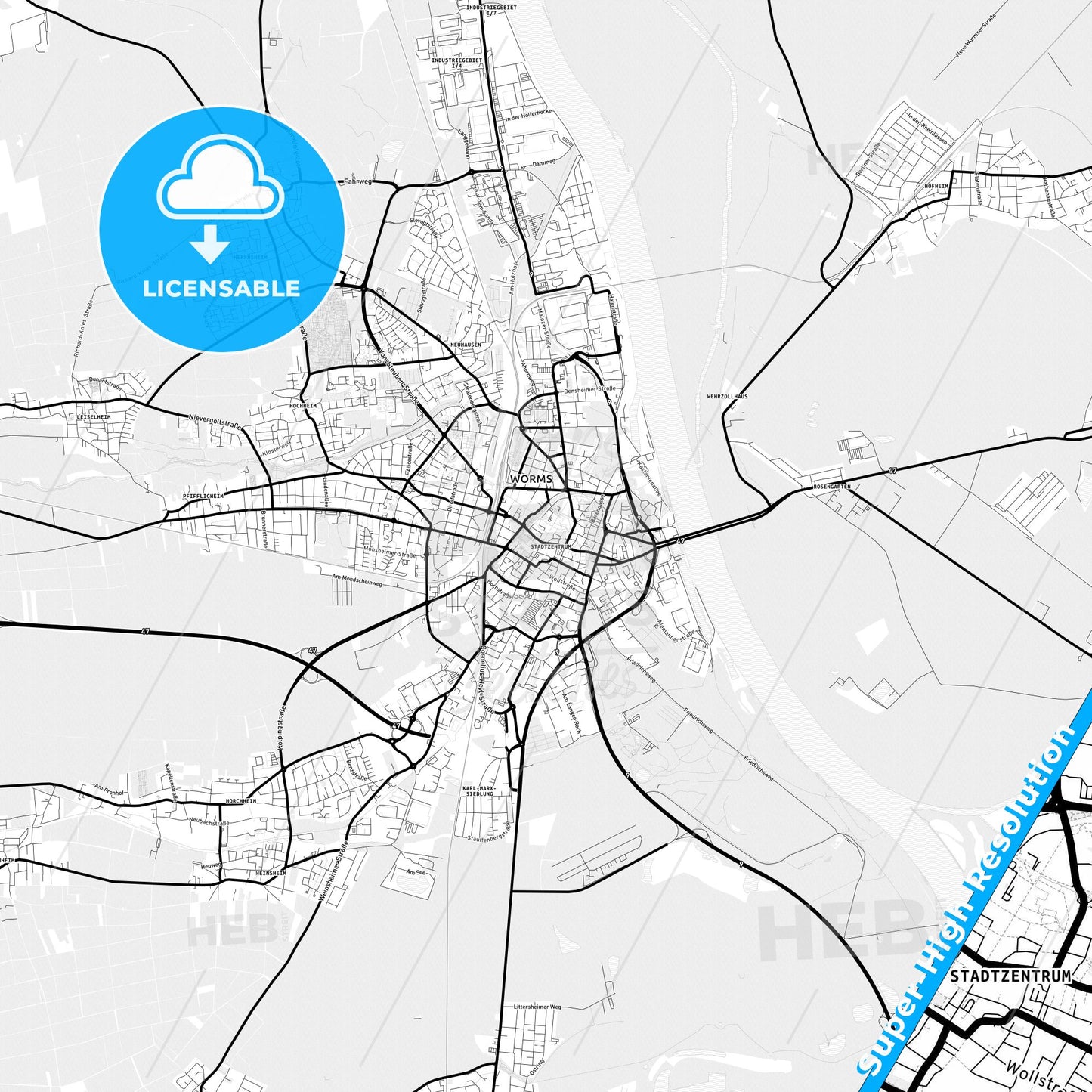 Worms, Germany Light Map with Street Names, City Names, and Districts