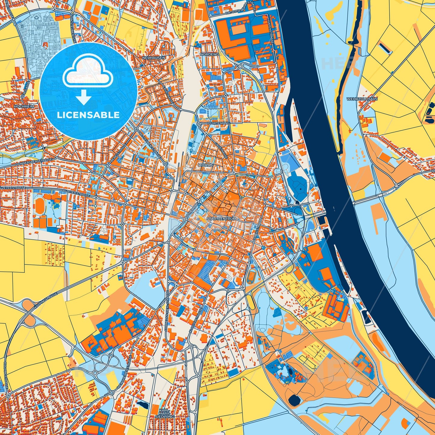 Colorful Worms Street Map with Labels and Buildings