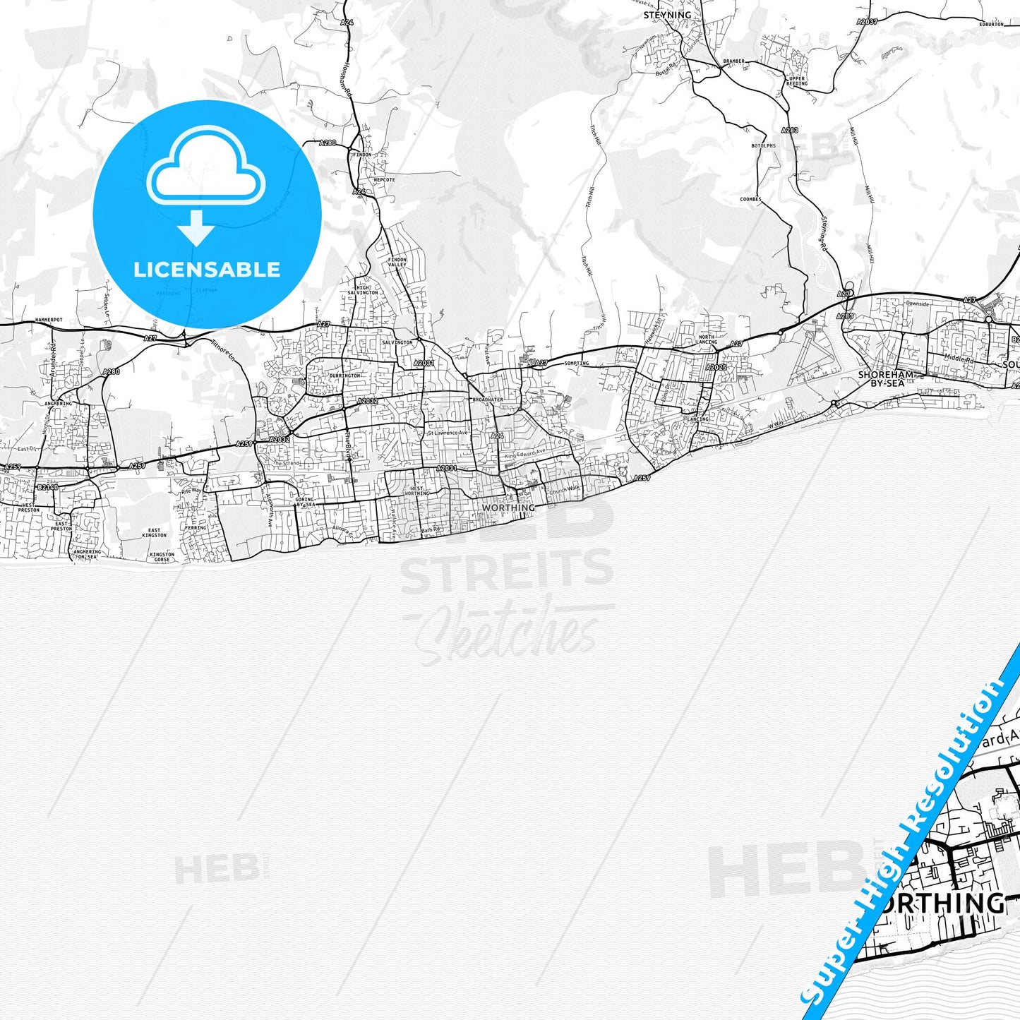 Worthing, England light map with streetnames, citynames and districts