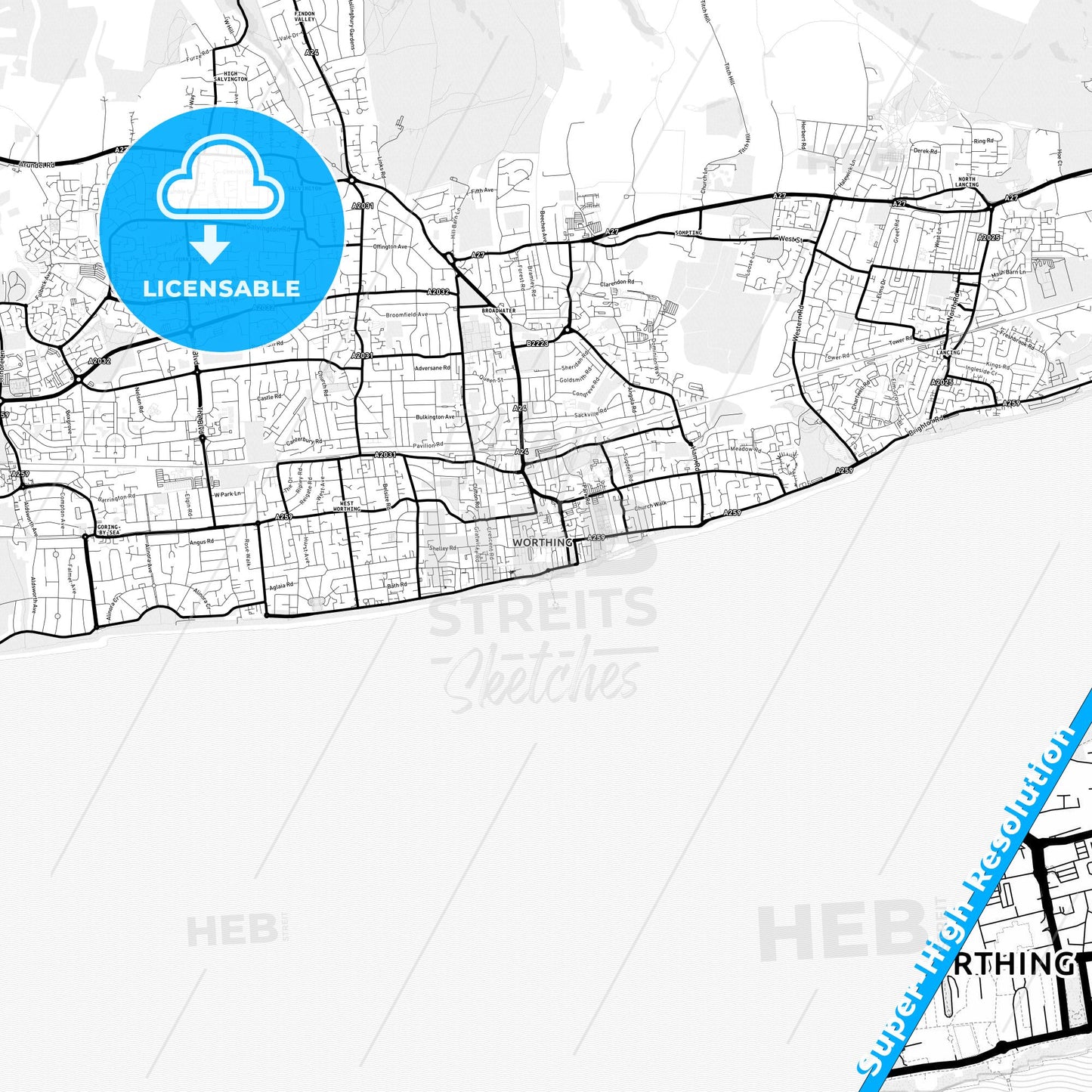 Worthing, England Light Map with Street Names, City Names, and Districts