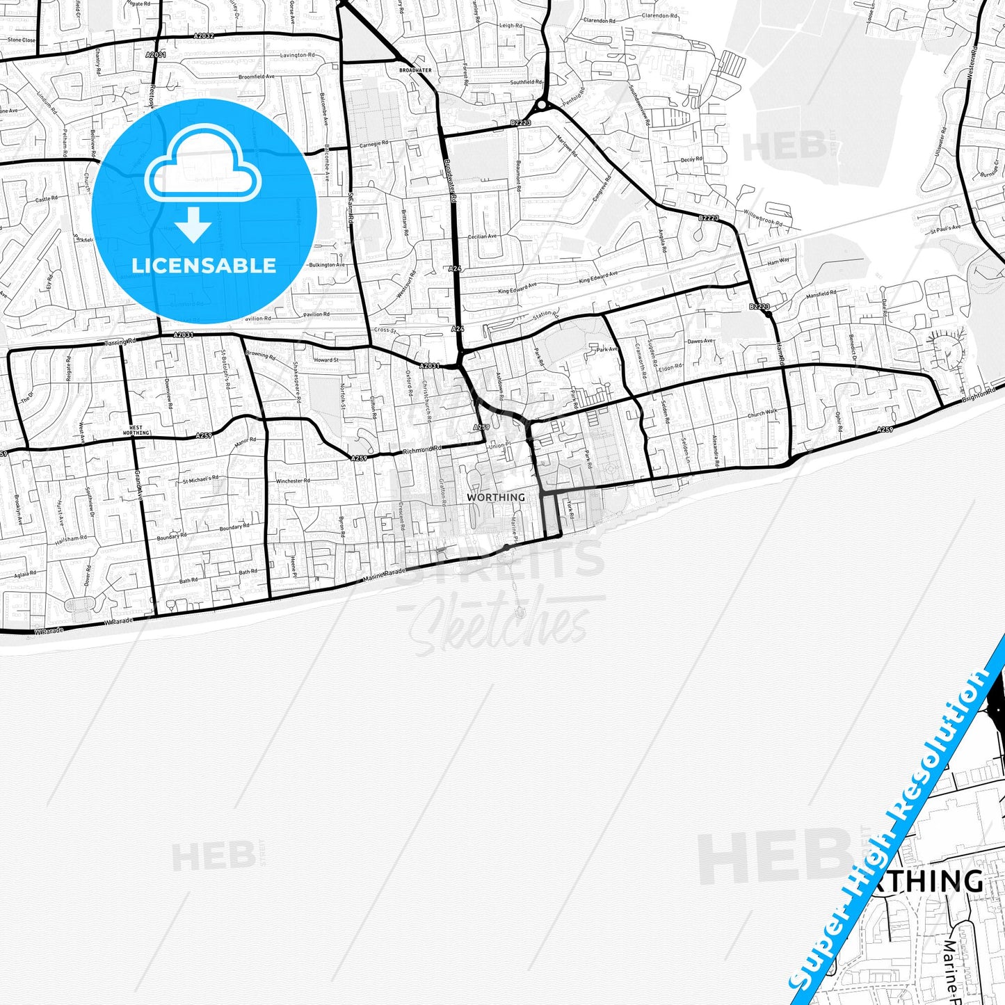 Worthing, England Light Map with Street Names, City Names, and Districts