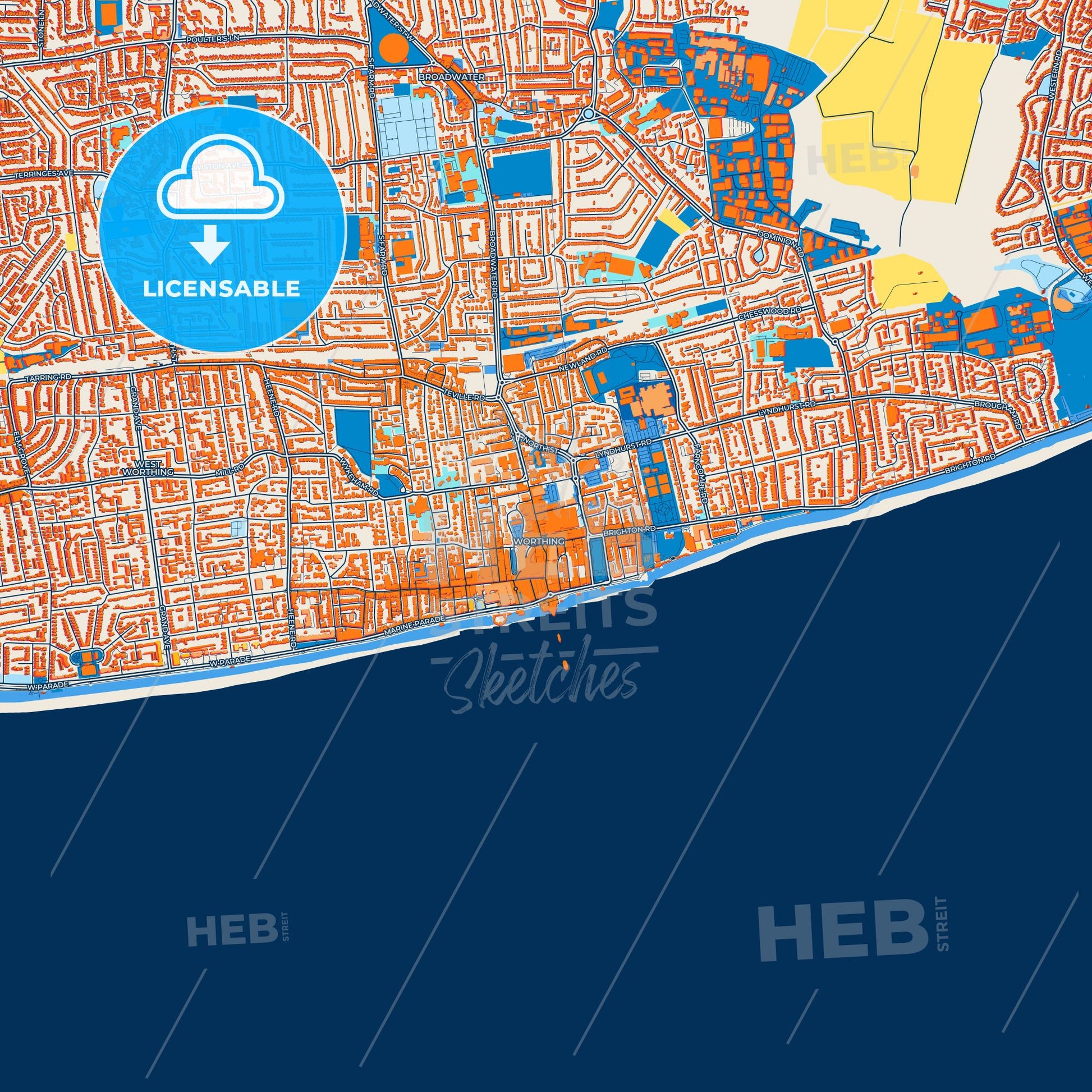 Colorful Worthing Street Map with Labels and Buildings