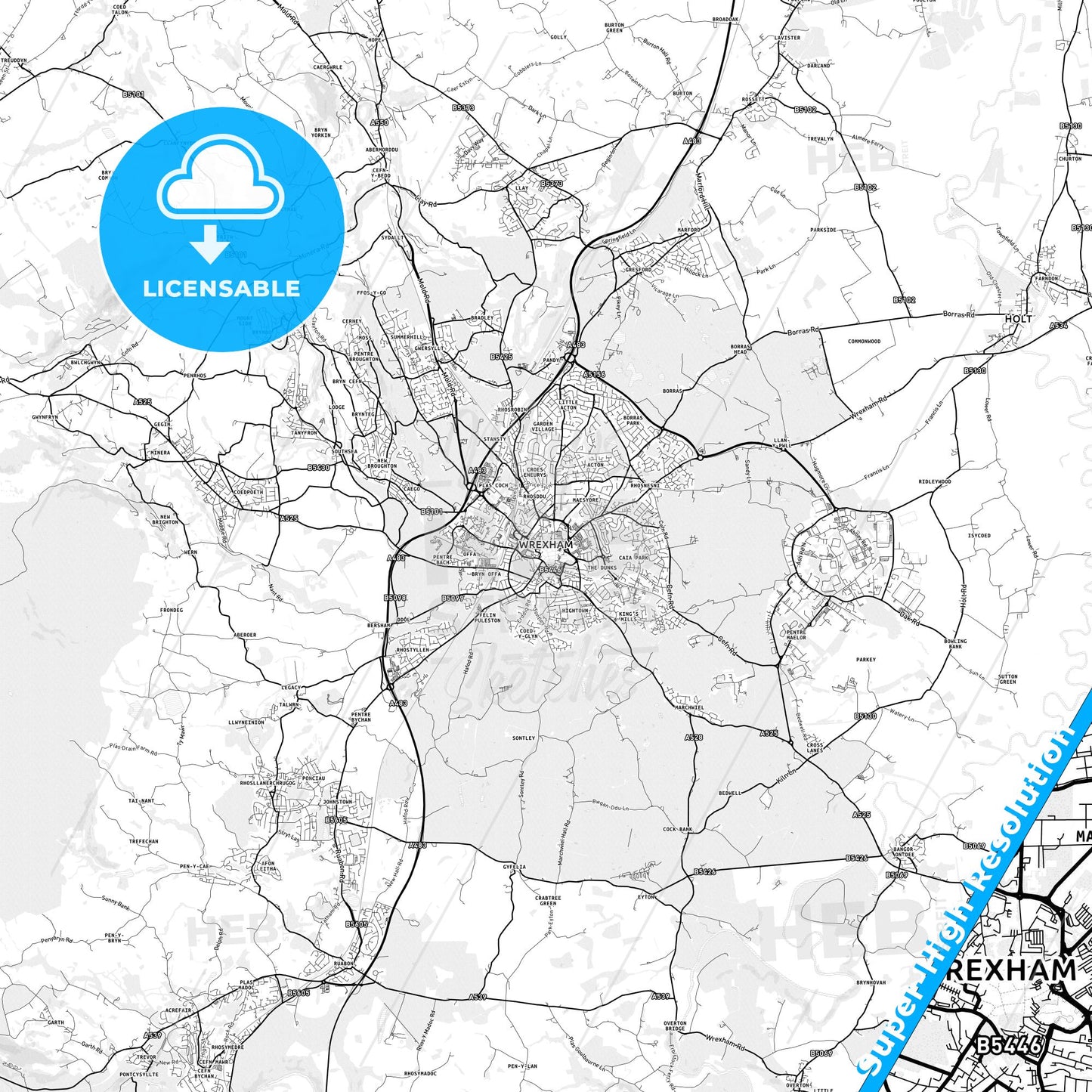 Wrexham, Wales light map with streetnames, citynames and districts
