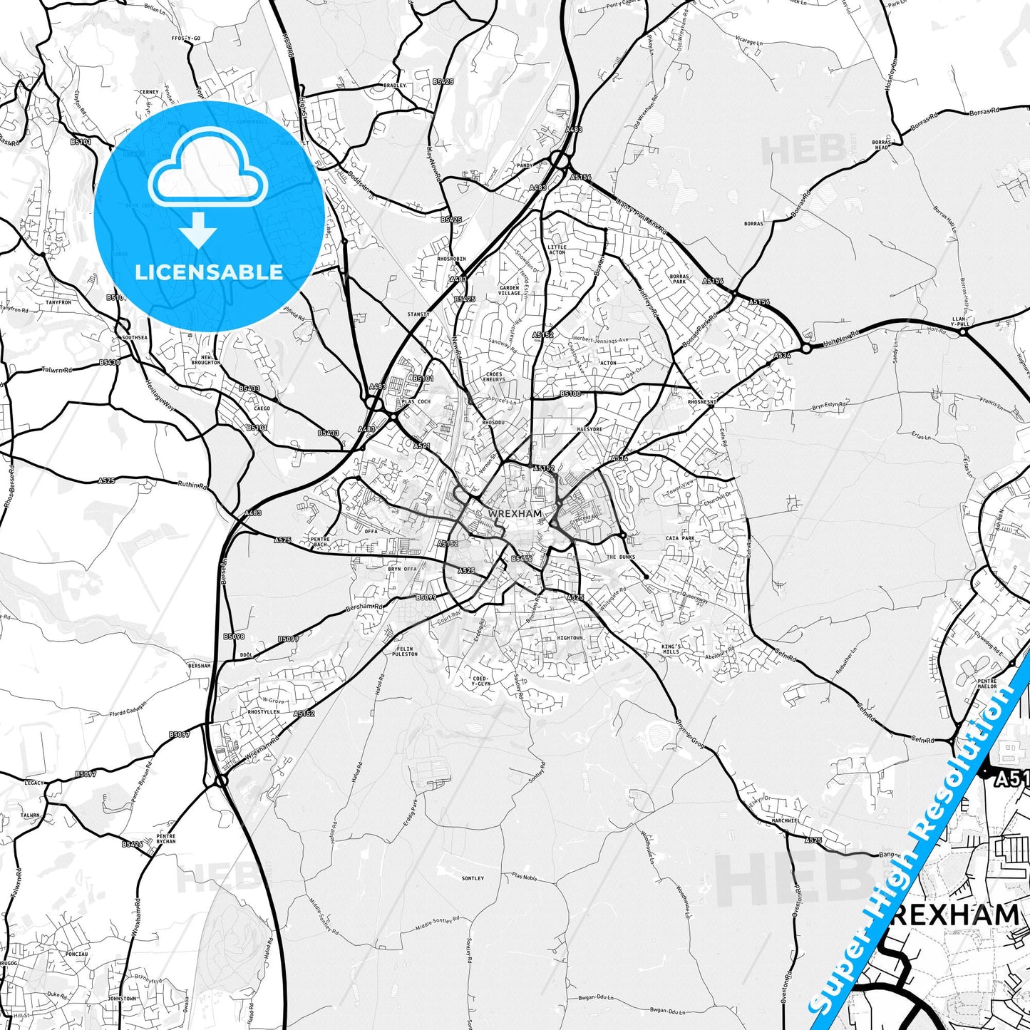 Wrexham, Wales Light Map with Street Names, City Names, and Districts
