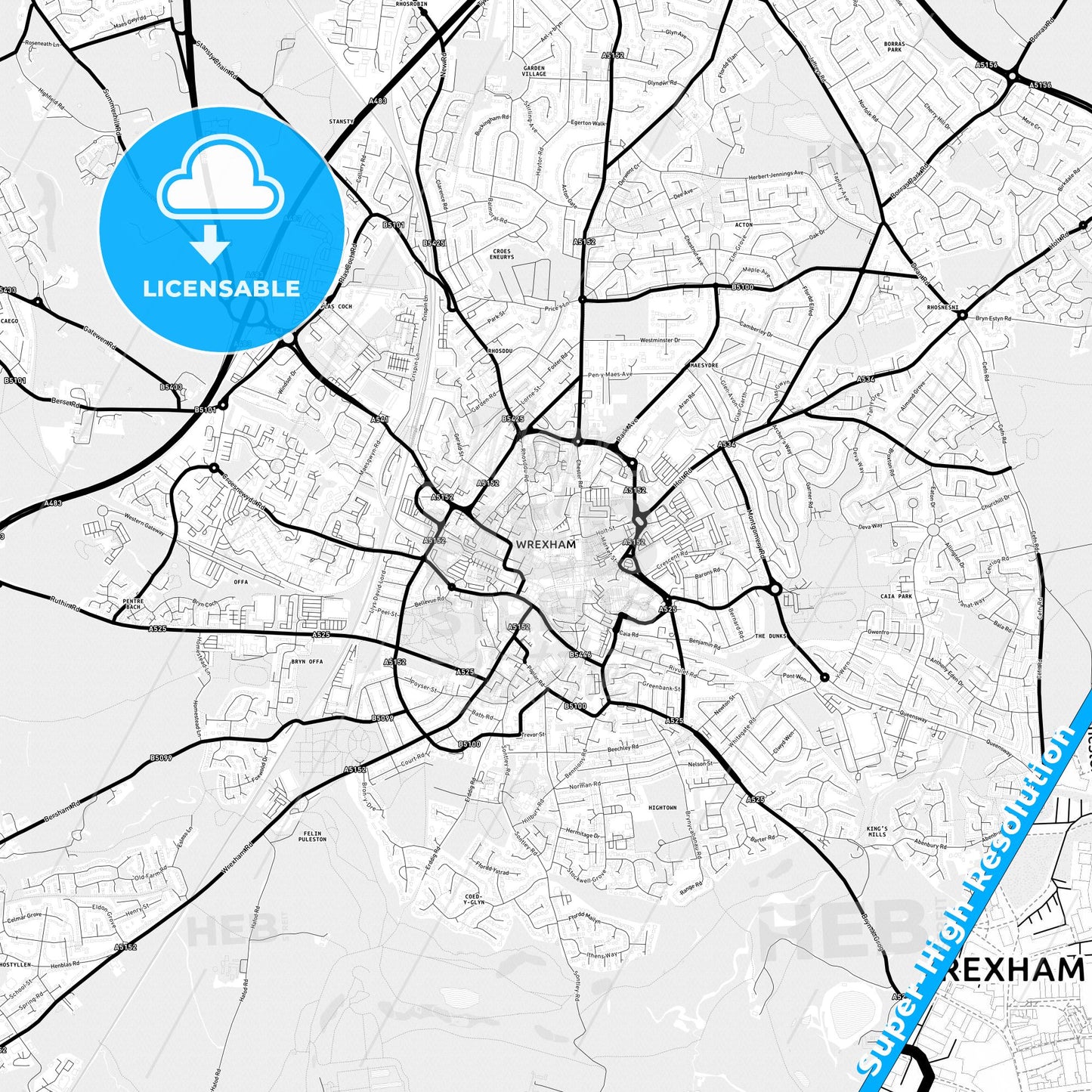 Wrexham, Wales Light Map with Street Names, City Names, and Districts