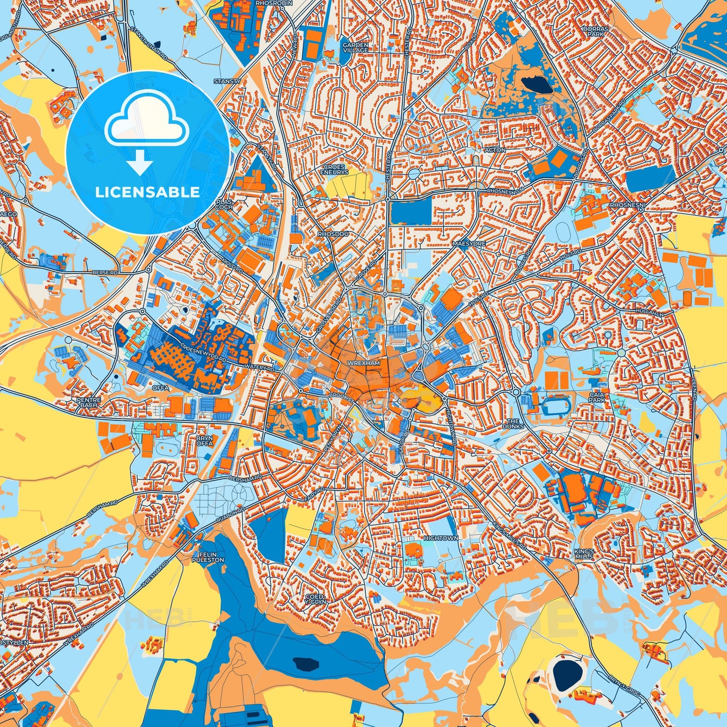 Colorful Wrexham Street Map with Labels and Buildings