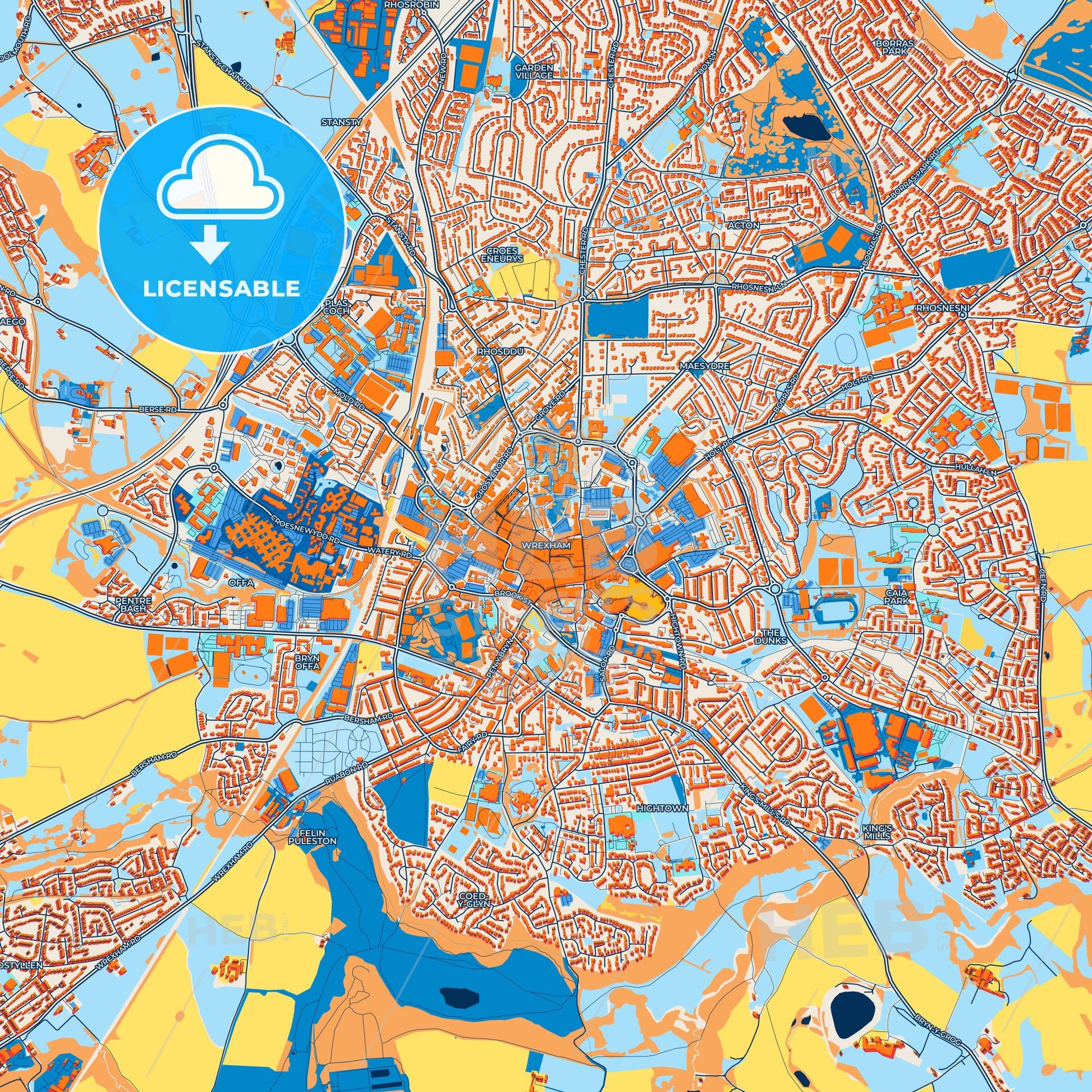 Colorful Wrexham Street Map with Labels and Buildings