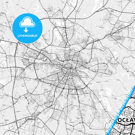 Wrocław, Poland light map with streetnames, citynames and districts
