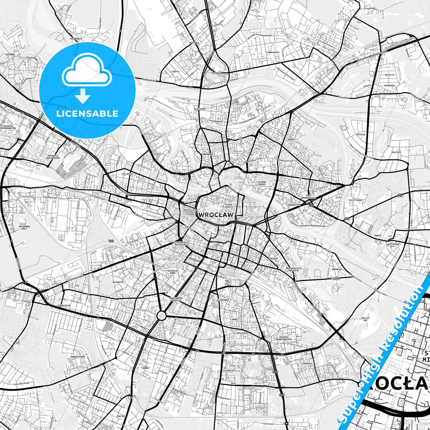 Wrocław, Poland Light Map with Street Names, City Names, and Districts