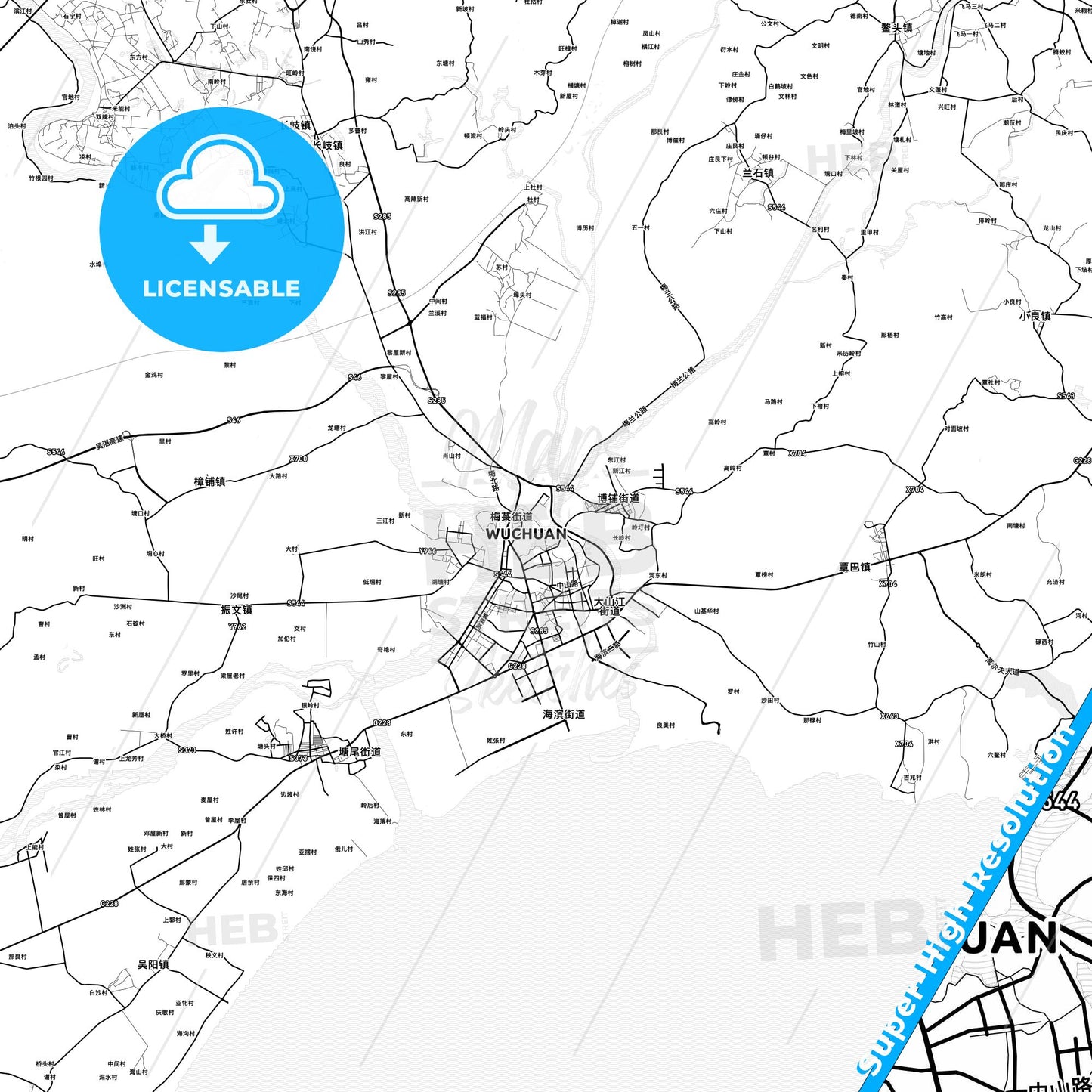 Wuchuan, China light map with streetnames, citynames and districts