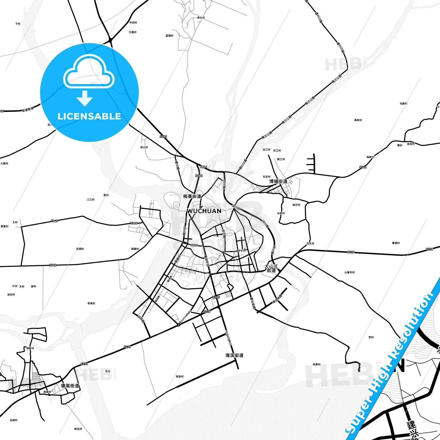 Wuchuan, China Light Map with Street Names, City Names, and Districts