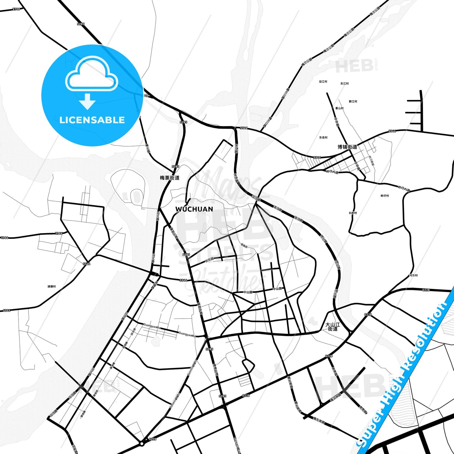 Wuchuan, China Light Map with Street Names, City Names, and Districts