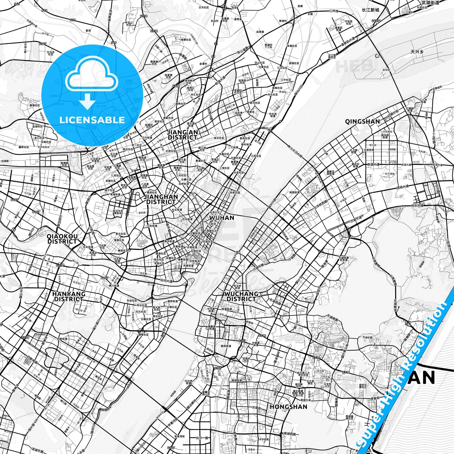Wuhan, China light map with streetnames, citynames and districts