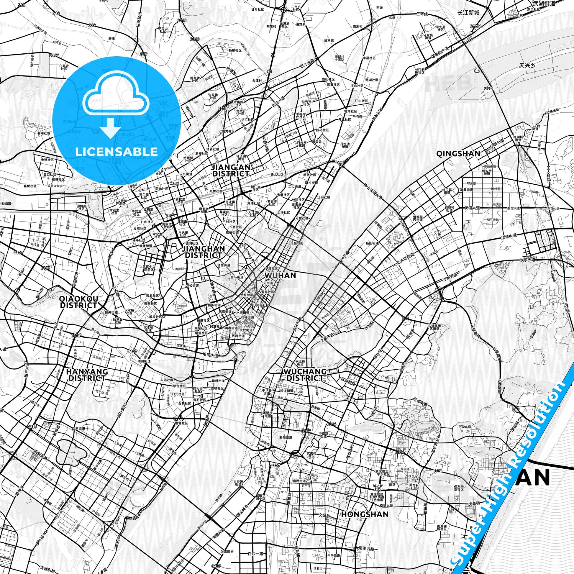 Wuhan, China light map with streetnames, citynames and districts