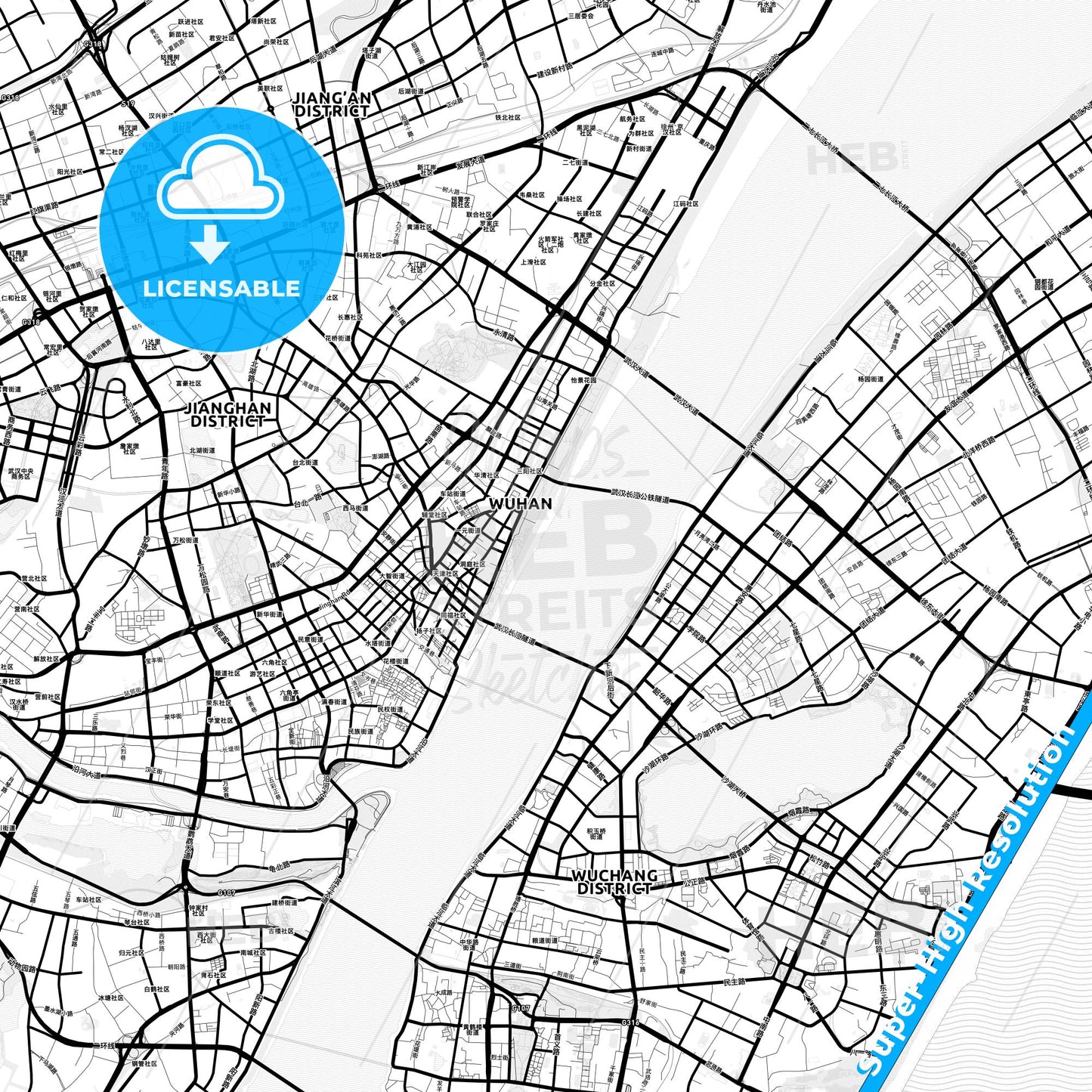 Wuhan, China Light Map with Street Names, City Names, and Districts