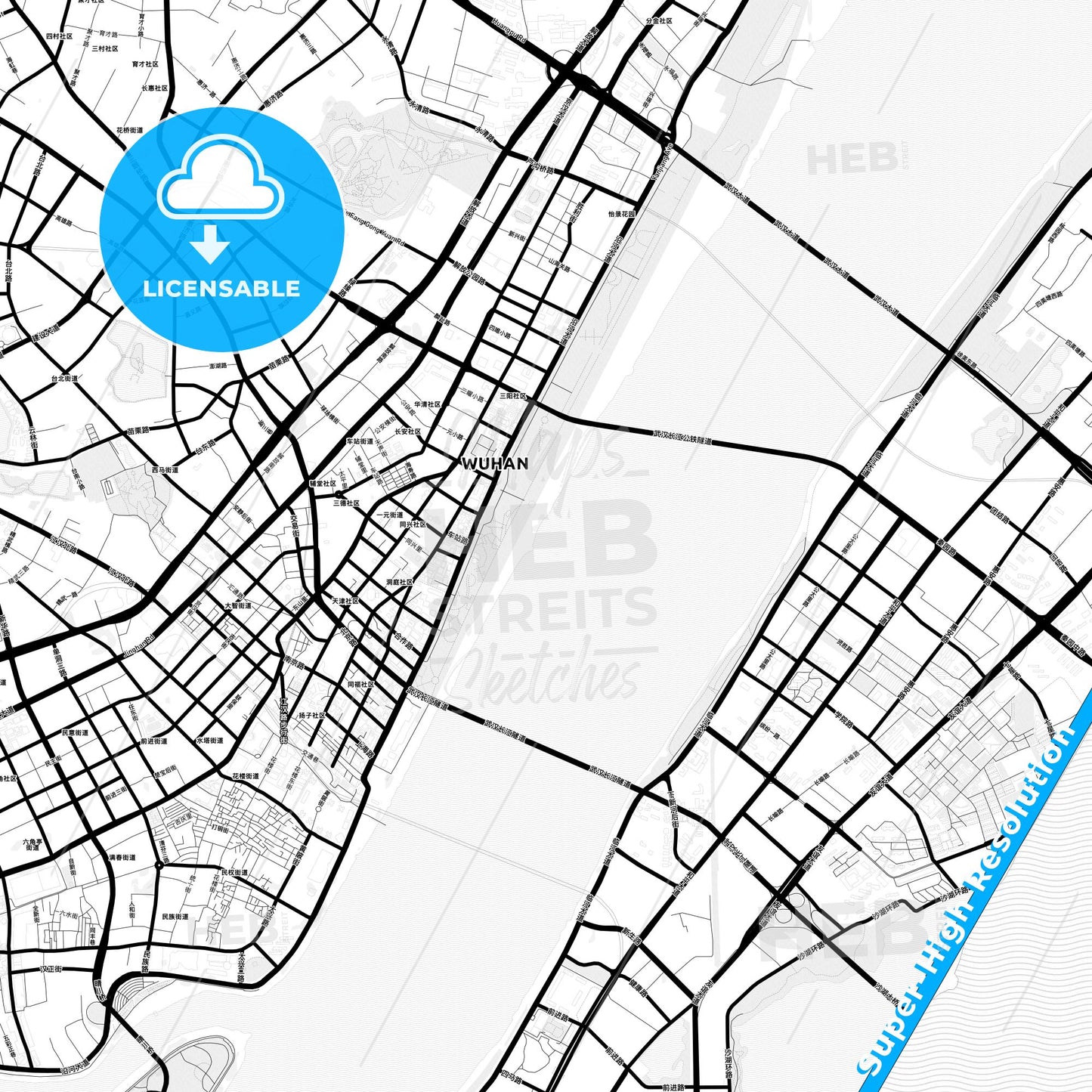 Wuhan, China Light Map with Street Names, City Names, and Districts