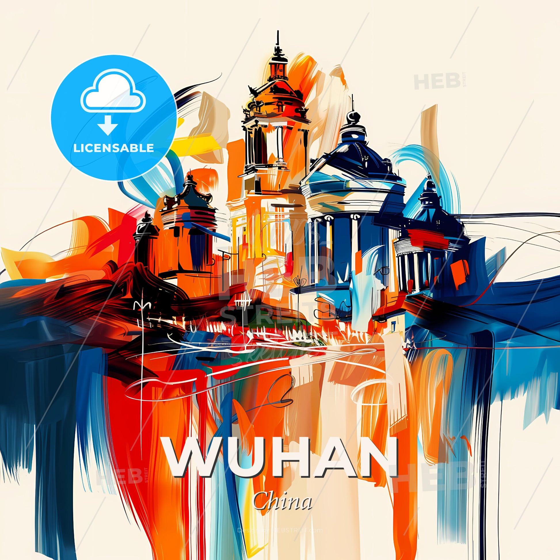 Vibrant Wuhan, China - A Painting Of A Building - Square format print template